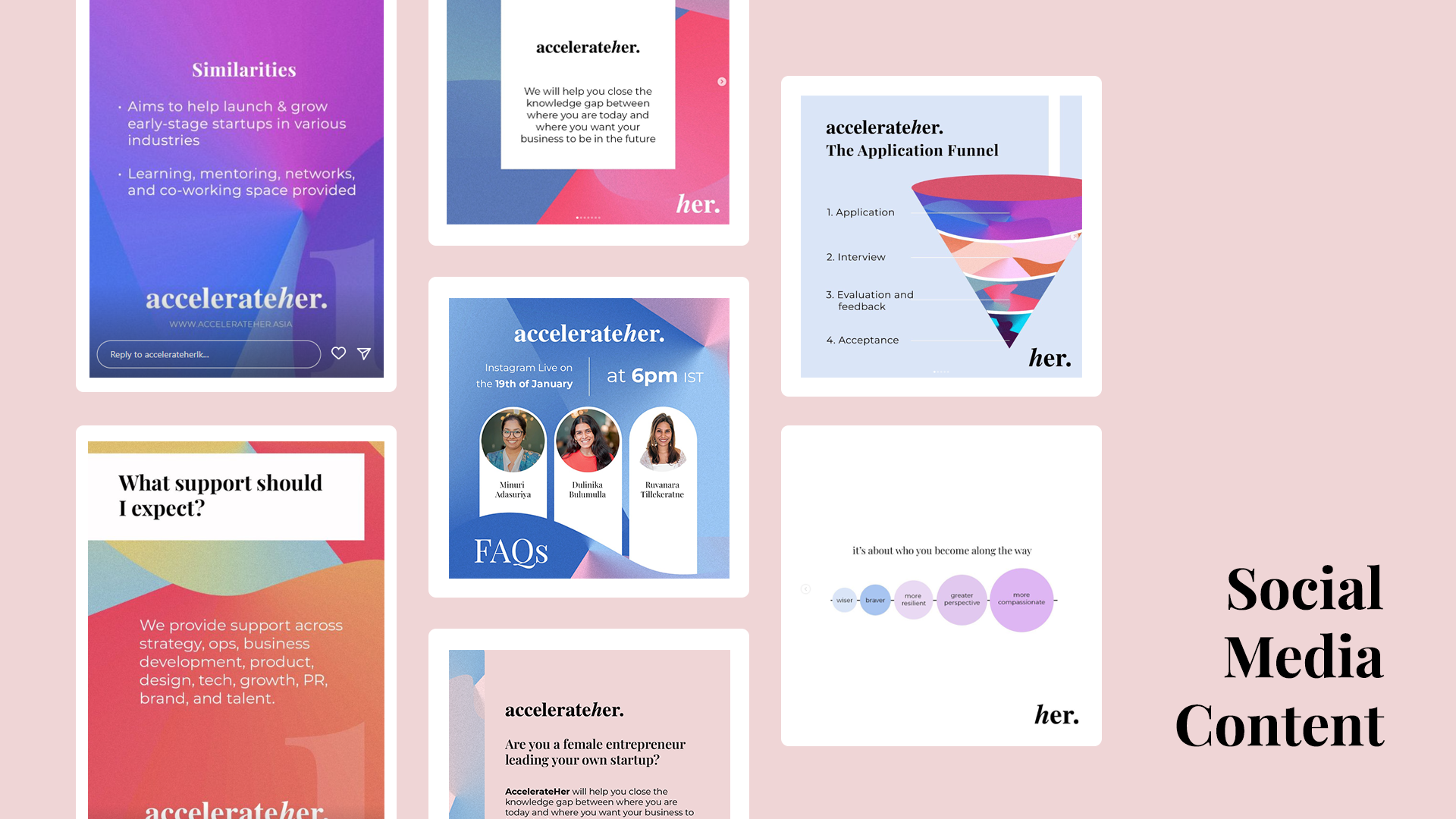 AccelerateHer social media content — FAQs, application funnel and campaign posts